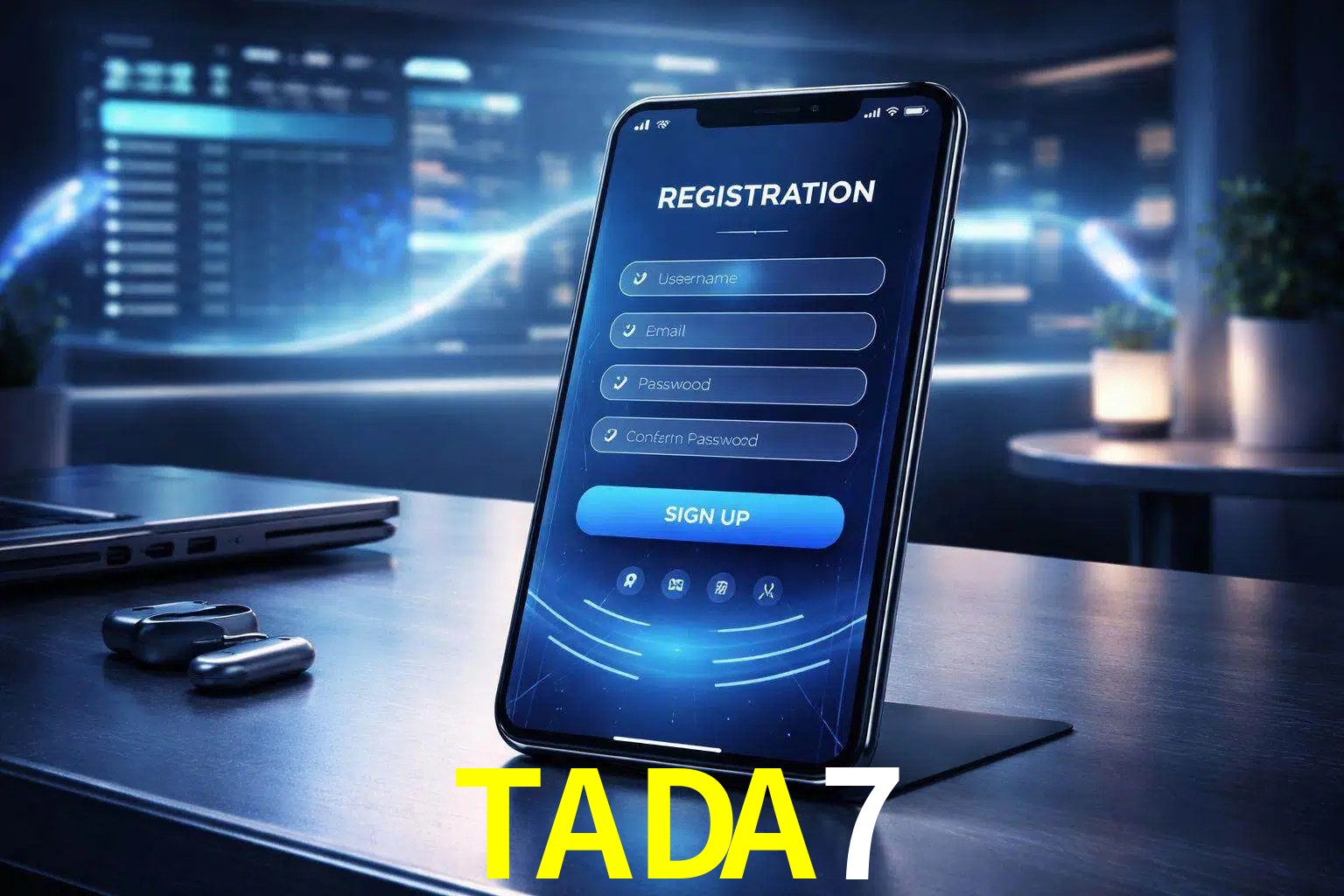 Una interfaz moderna de registro móvil para TADA7 mostrada en un smartphone con un panel de apuestas elegante.